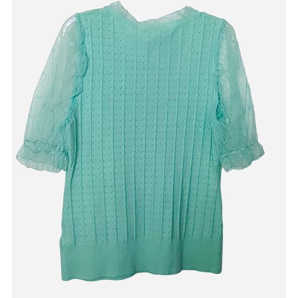 LIQUID BY SIONI SHORT LACE SLEEVE PULL-OVER BLOUSE, WOMENS, L, MINT GREEN, TIE - Picture 4 of 10